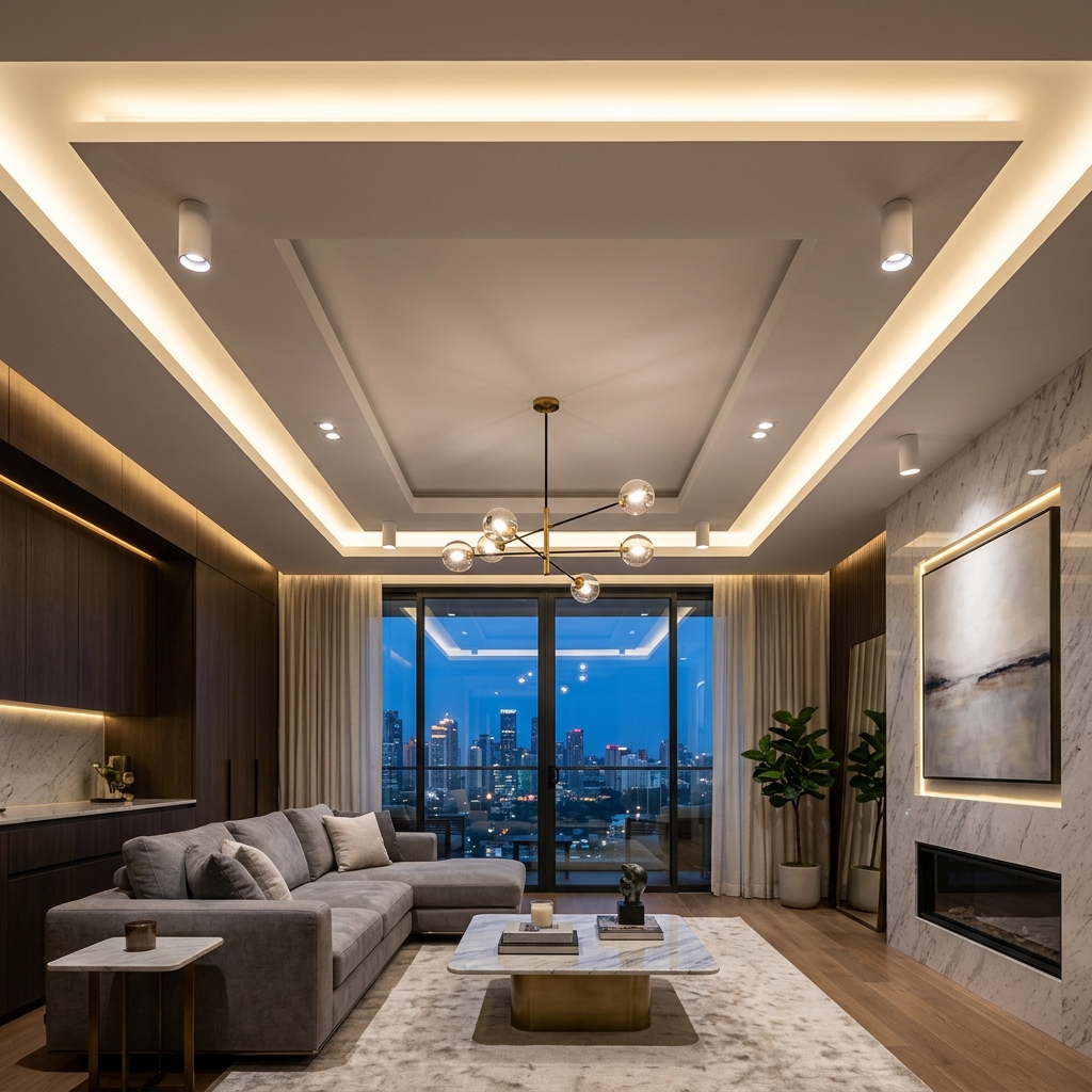 Elegant gypsum false ceiling design with warm cove lighting by GSS Interior Designs