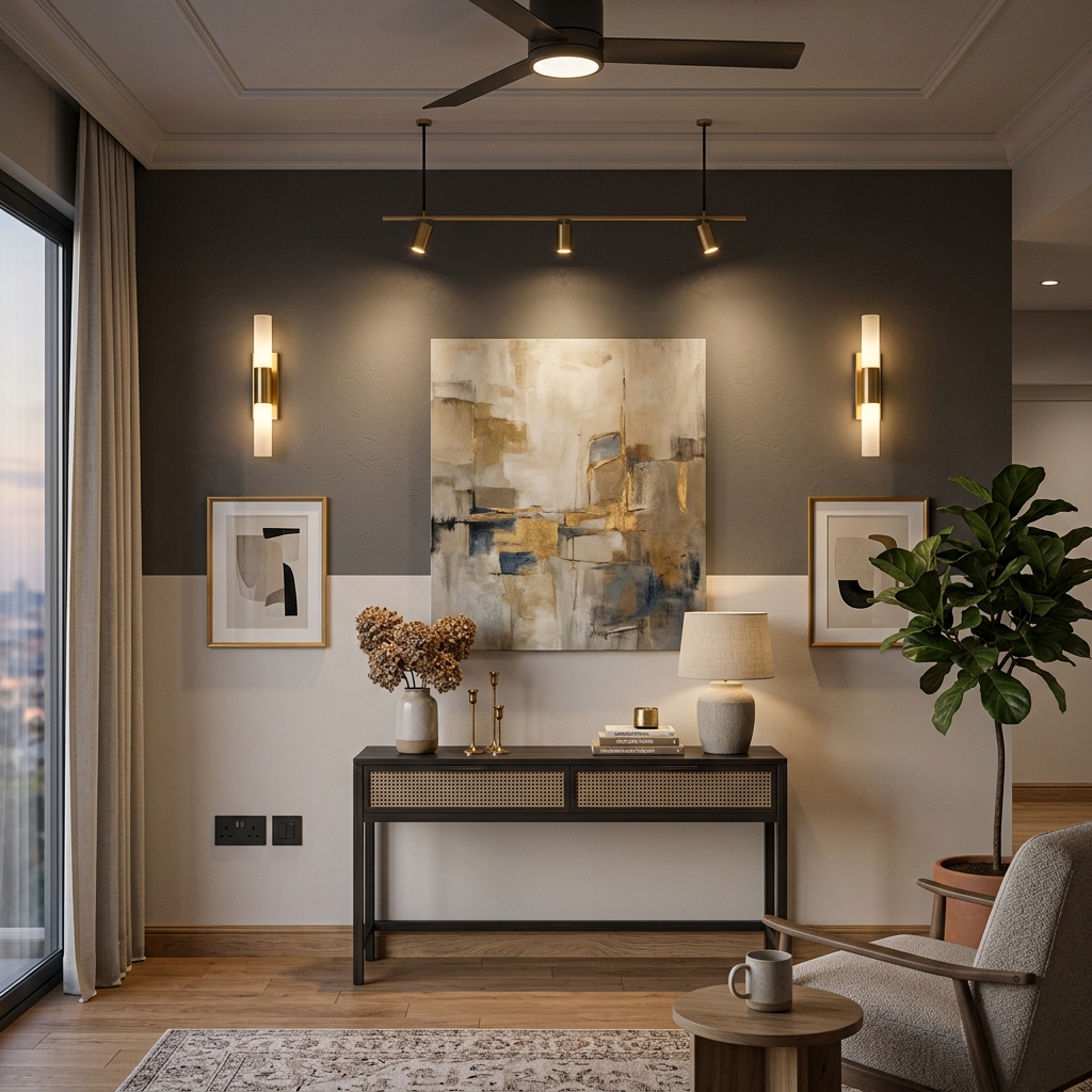 Premium wall painting accent design and custom electrical fixtures by GSS Interior Designs